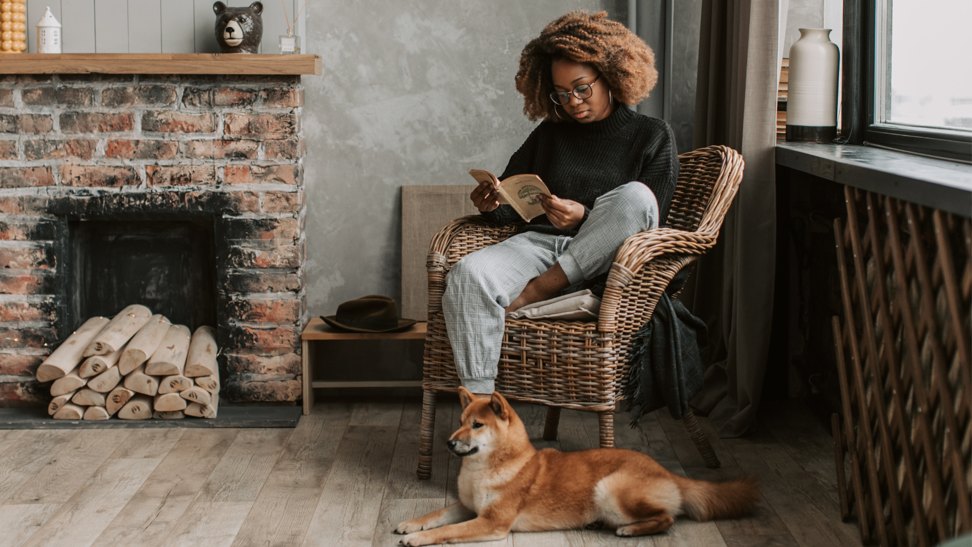 calm person reading with calm dog lying